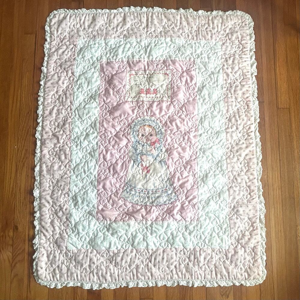 Vintage Baby Quilt with Lace Trim & Birth Certificate Panel